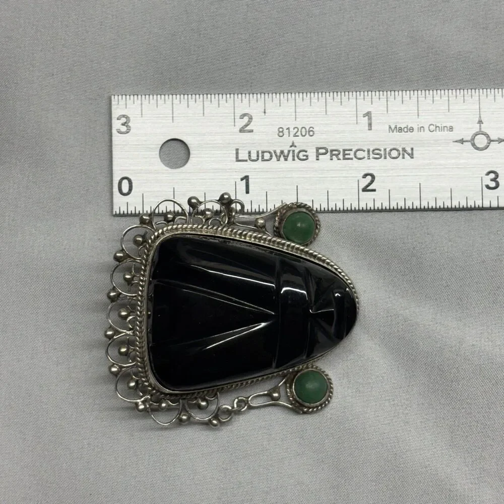 Vintage Mexico Sterling Silver Black Onyx Carved Mask Brooch and Earring Set MCM